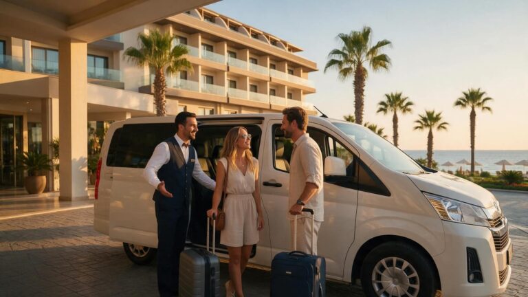 Private airport transfer van outside an Antalya resort at sunset, guests with luggage heading to Antalya Airport (AYT)